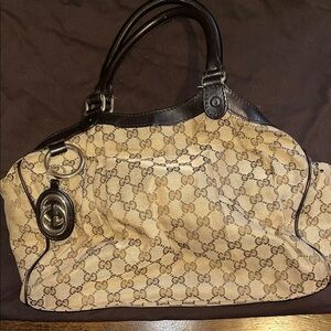 Gucci Beige GG Logo Canvas Tote with Dark Brown Leather Trim